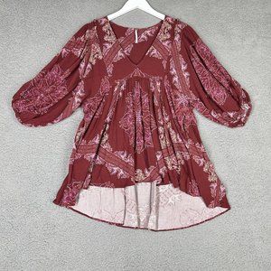 Free People Women's XS Blouse Tunic High Low Babydoll Puffy Sleeve Burgundy